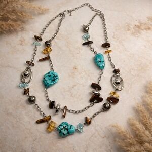Vintage Multi Stone Necklace Turquoise Tiger Eye Citrine Boho Statement Eclectic